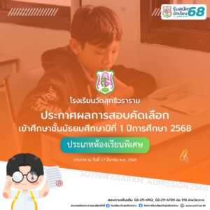 ประกาศผลการสอบคัดเลือกเข้าม.1 ปีการศึกษา 2568 ประเภทห้องเรียนพิเศษ