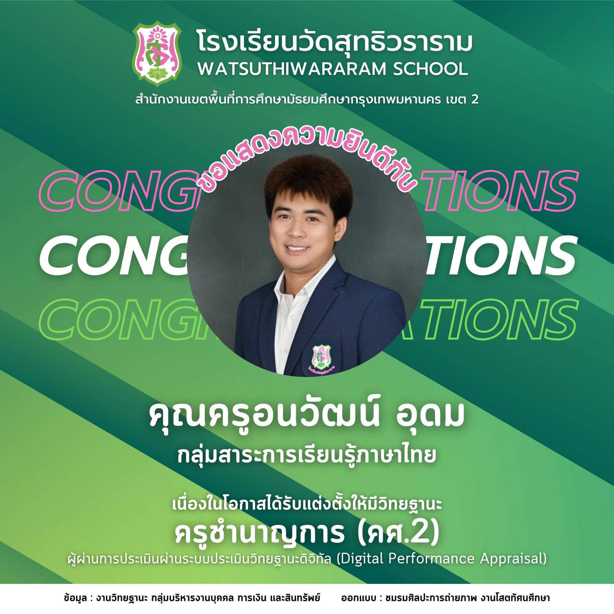 นายอนวัฒน์ อุดม ได้รับการแต่งตั้งให้มีวิทยฐานะผ่านระบบประเมินวิทยฐานะดิจิทัล (DPA) ครูชำนาญการ (คศ.2)