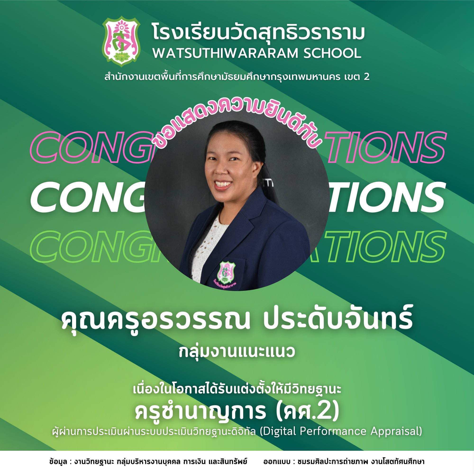 นางอรวรรณ ประดับจันทร์ ได้รับการแต่งตั้งให้มีวิทยฐานะผ่านระบบประเมินวิทยฐานะดิจิทัล (DPA) ครูชำนาญการ (คศ.2)