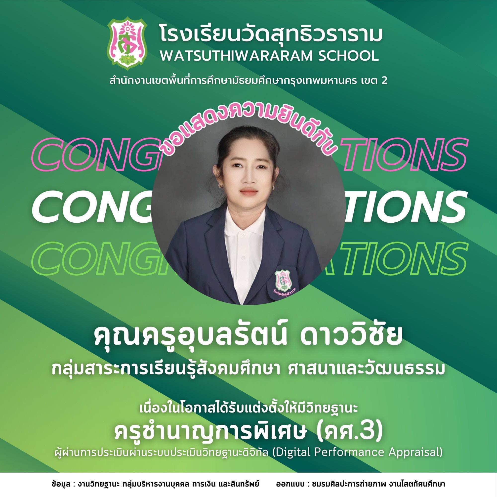 นางอุบลรัตน์ ดาววิชัย ได้รับการแต่งตั้งให้เลื่อนวิทยฐานะผ่านระบบประเมินวิทยฐานะดิจิทัล (DPA) ครูชำนาญการพิเศษ (คศ.3)