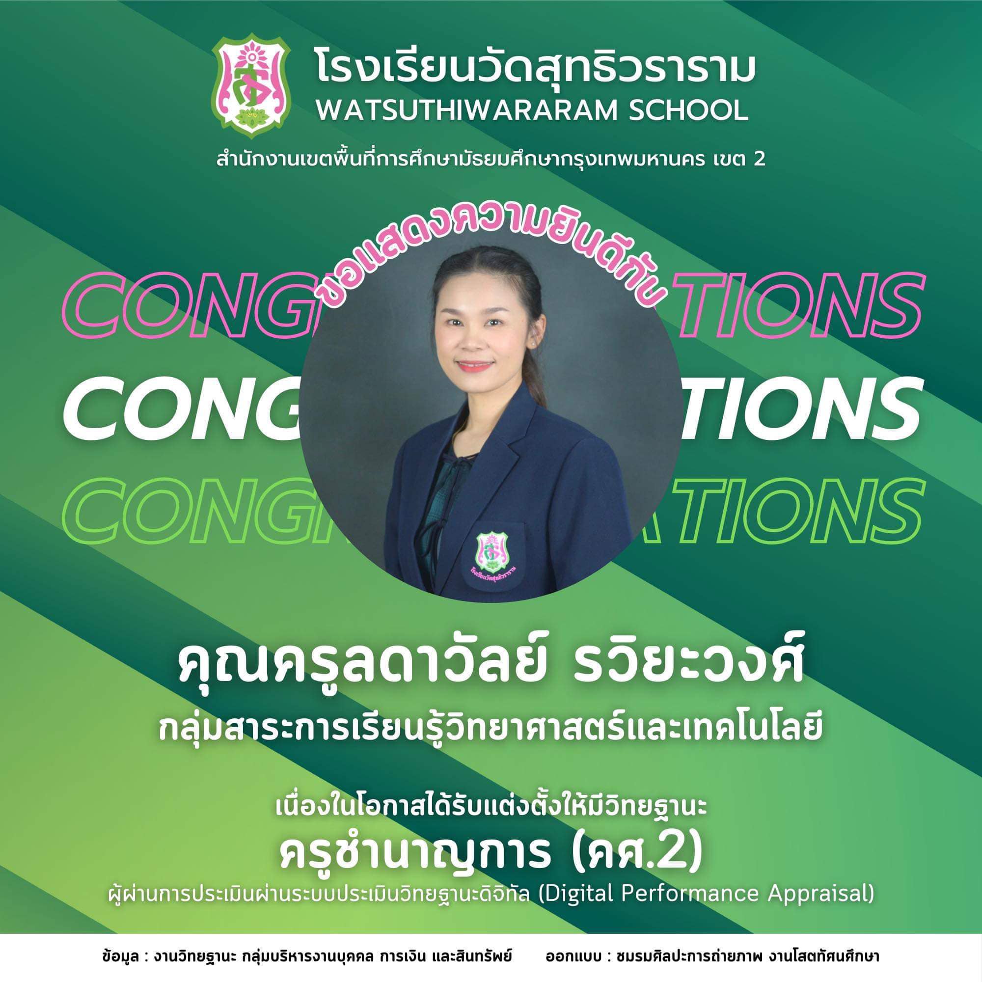 นางสาวลดาวัลย์ รวิยะวงศ์ ได้รับการแต่งตั้งให้มีวิทยฐานะผ่านระบบประเมินวิทยฐานะดิจิทัล (DPA) ครูชำนาญการ (คศ.2)