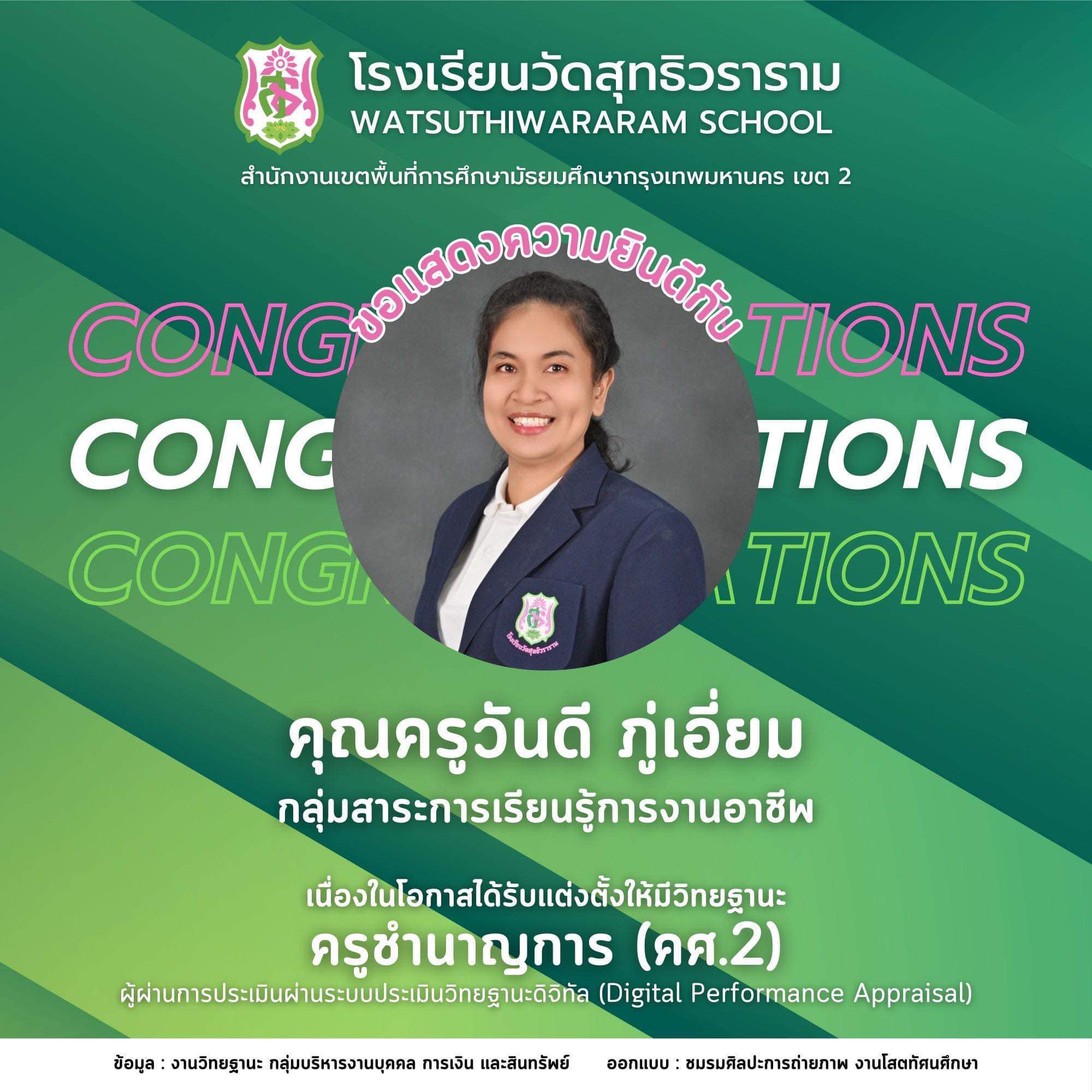 นางสาววันดี ภู่เอี่ยม ได้รับการแต่งตั้งให้มีวิทยฐานะผ่านระบบประเมินวิทยฐานะดิจิทัล (DPA) ครูชำนาญการ (คศ.2)