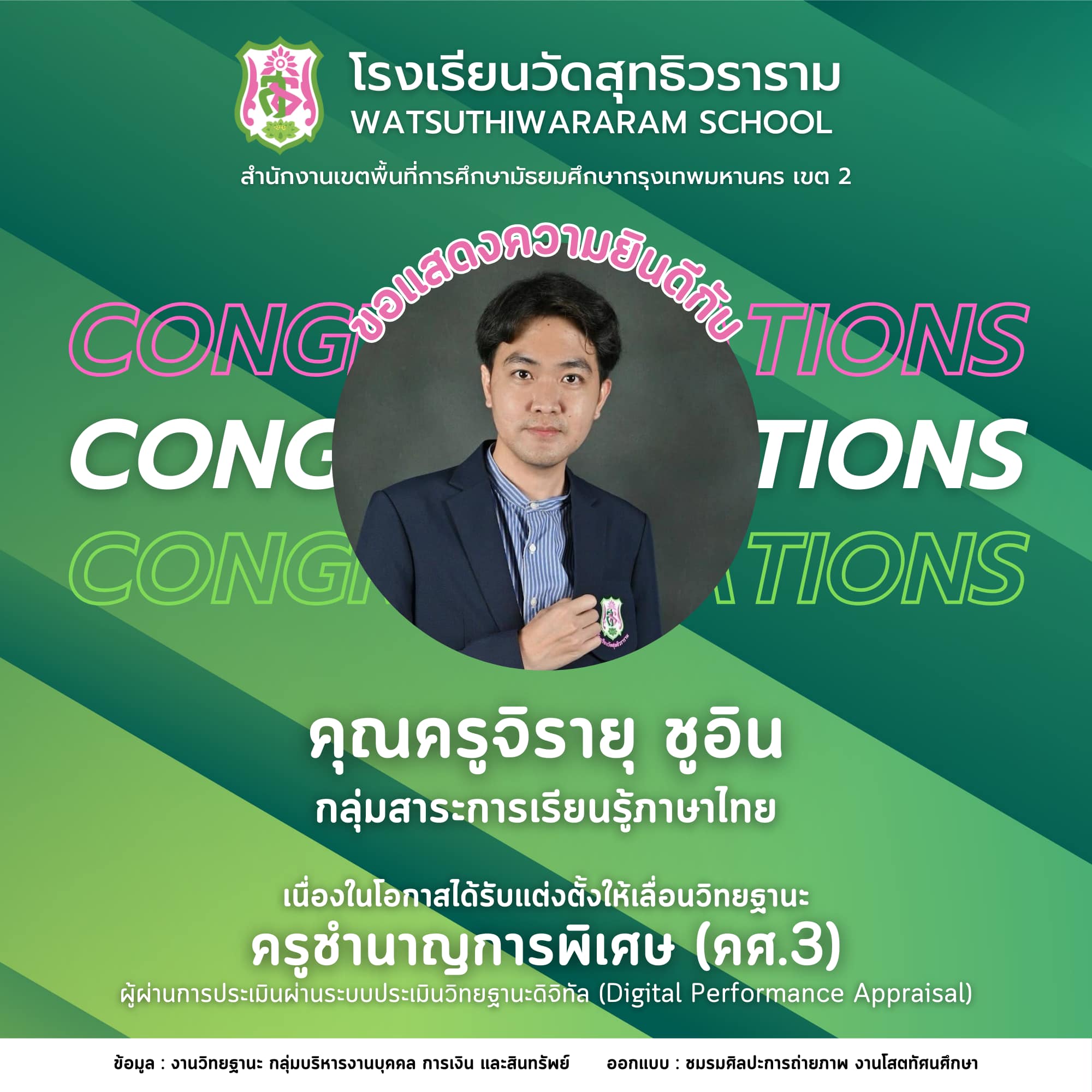 ได้รับการแต่งตั้งให้มีวิทยฐานะผ่านระบบประเมินวิทยฐานะดิจิทัล (DPA) ครูชำนาญการพิเศษ (คศ.3)