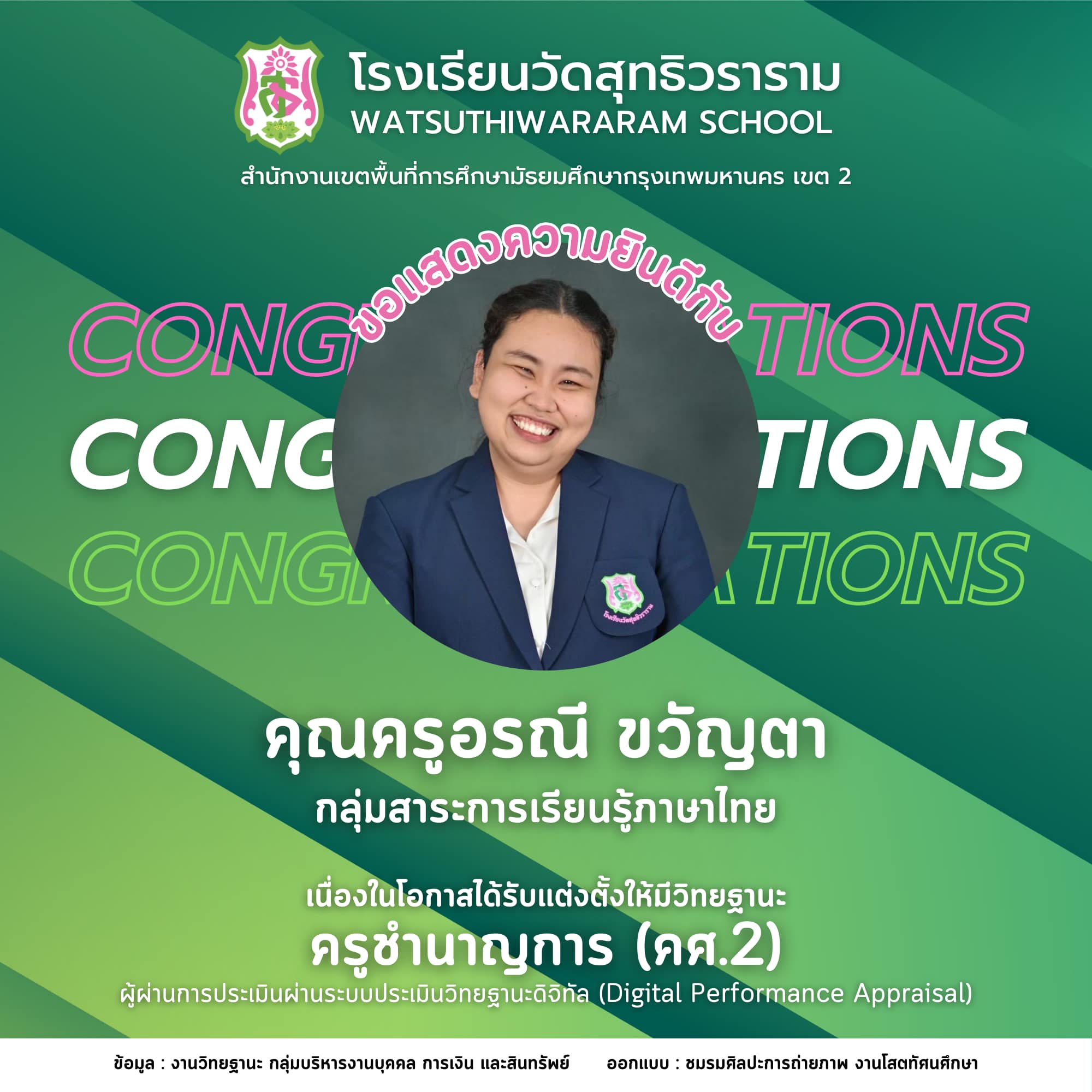 นางสาวอรณี ขวัญตา ได้รับการแต่งตั้งให้มีวิทยฐานะผ่านระบบประเมินวิทยฐานะดิจิทัล (DPA) ครูชำนาญการ (คศ.2)