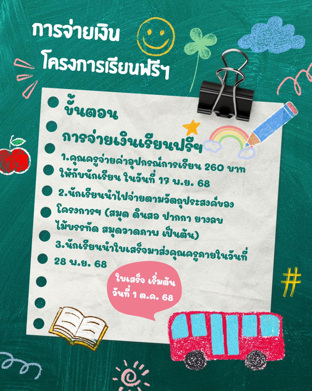 ประชาสัมพันธ์ เรื่อง “เงินอุดหนุนเรียนฟรี 15 ปี” ภาคเรียนที่ 2 ปีการศึกษา 2568