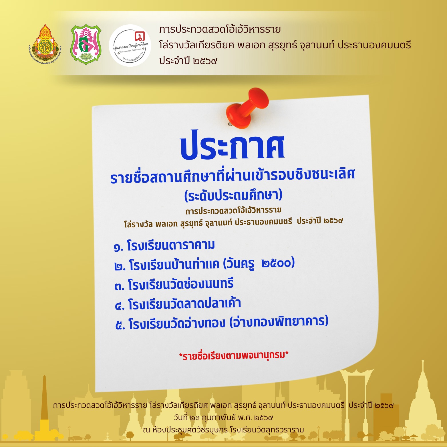 ประกาศรายชื่อสถานศึกษาที่ผ่านรอบชิงชนะเลิศ ระดับประถมศึกษา และมัธยมศึกษา – การประกวดสวดโอ้เอ้วิหารราย โล่รางวัล พลเอก สุรยุทธ์ จุลานนท์ ประธานองคมนตรี ประจำปี 2569