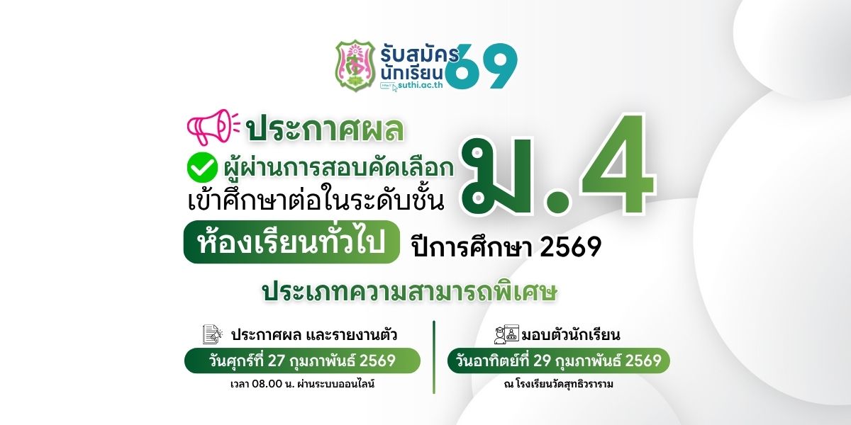 ประกาศผลผู้ผ่านการสอบคัดเลือกเข้าศึกษาต่อ – ม.4 ห้องเรียนทั่วไป ประเภทความสามารถพิเศษ
