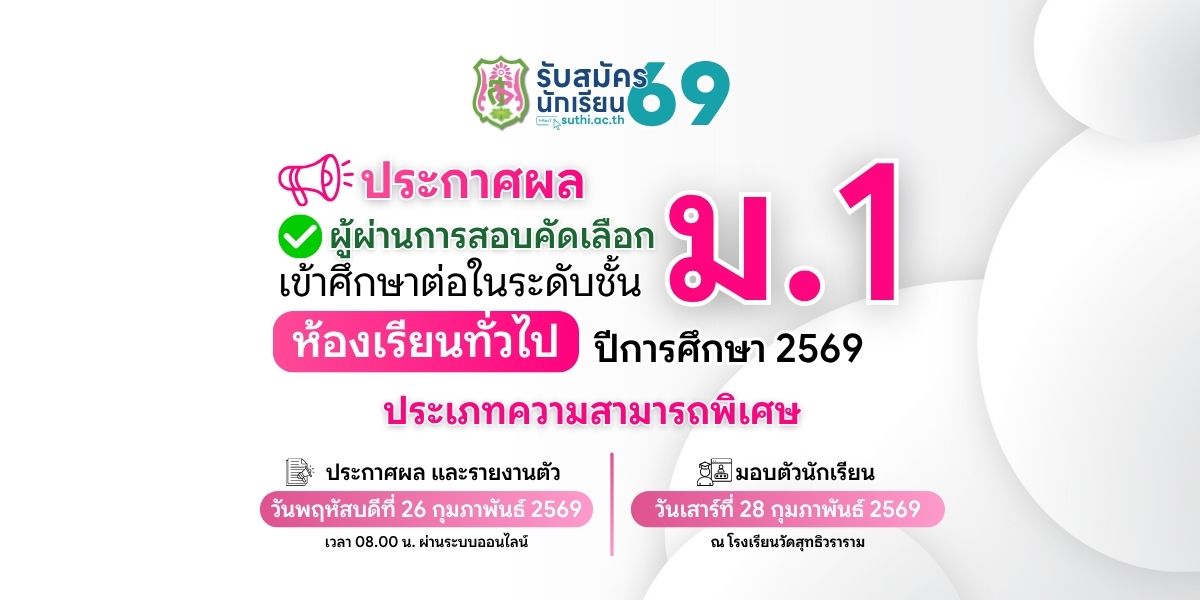 ประกาศผลผู้ผ่านการสอบคัดเลือกเข้าศึกษาต่อ – ม.1 ห้องเรียนทั่วไป ประเภทความสามารถพิเศษ
