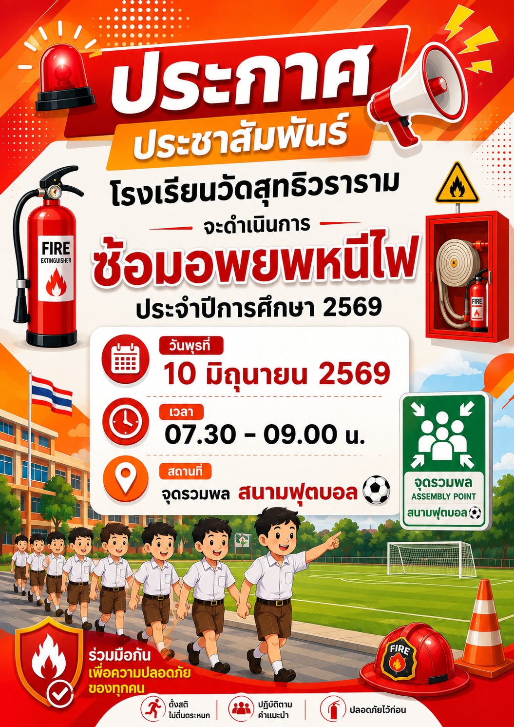 🚨 ประกาศประชาสัมพันธ์ 🚨โรงเรียนวัดสุทธิวราราม จะดำเนินการ “ซ้อมอพยพหนีไฟ ประจำปีการศึกษา 2569”